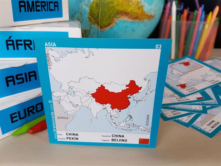 Países y capitales de Asia. Cartas para estudiar y memorizar ¡aprende jugando! con mapas. China