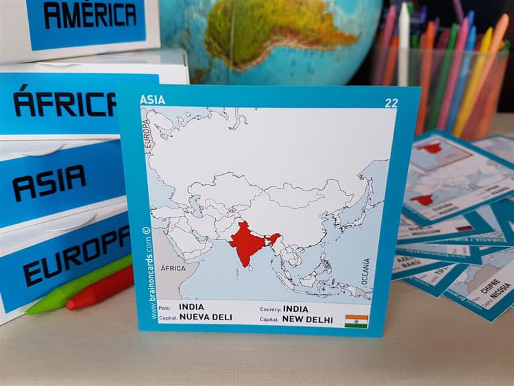 Países y capitales de Asia. Cartas para estudiar y memorizar ¡aprende jugando! con mapas. India