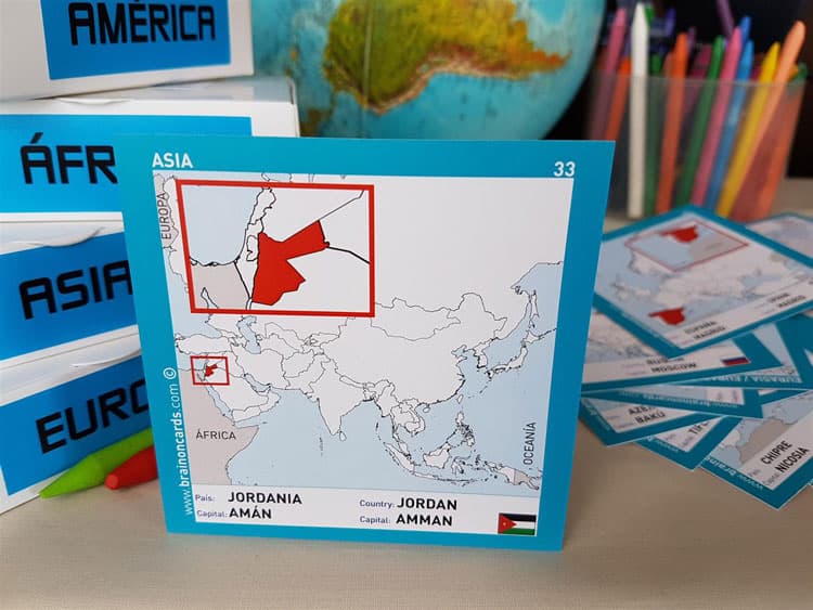 Países y capitales de Asia. Cartas para estudiar y memorizar ¡aprende jugando! con mapas. Jordania